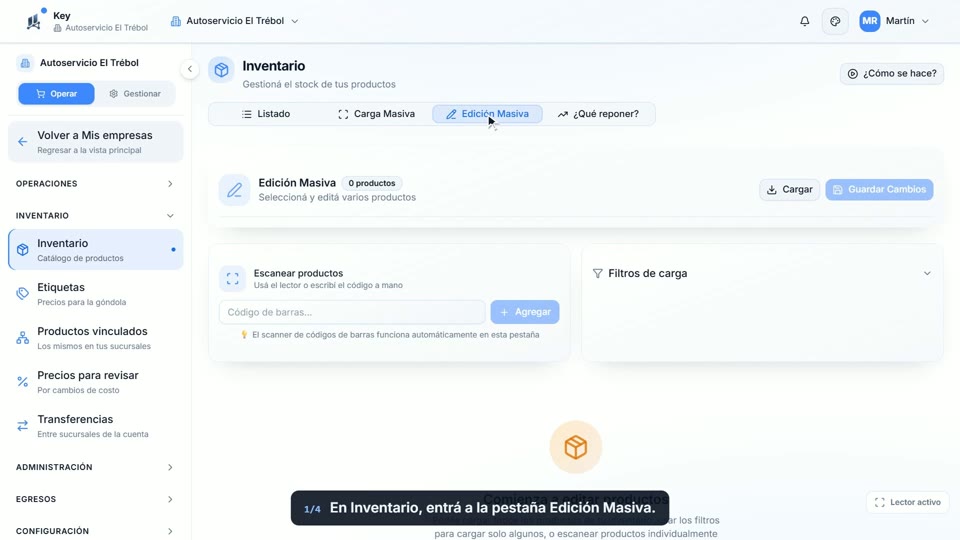Paso 1: Abrí Edición Masiva, en la pantalla de Key