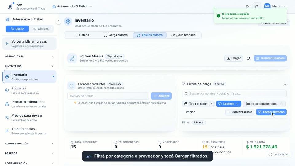 Paso 2: Cargá los productos, en la pantalla de Key