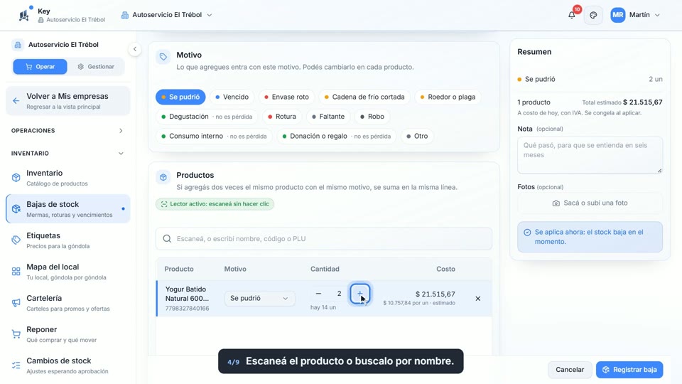 Paso 4: Buscá o escaneá el producto, en la pantalla de Key
