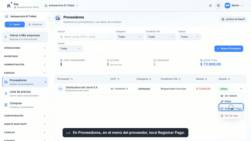 Paso 1: Registrá el pago, en la pantalla de Key