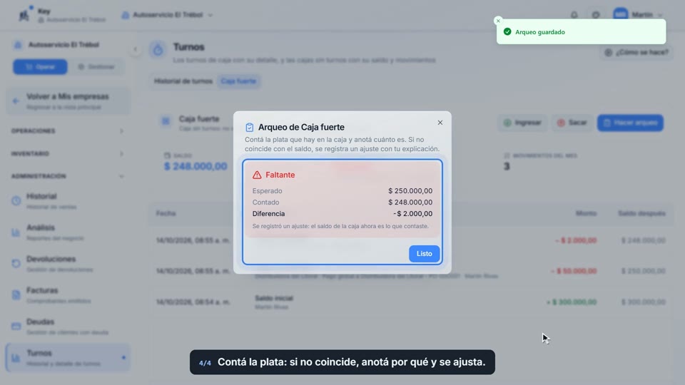 Paso 4: Hacé el arqueo, en la pantalla de Key