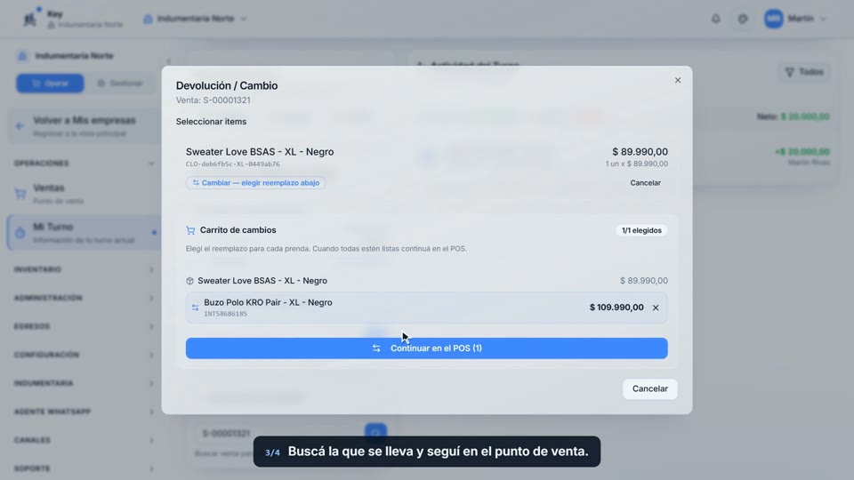 Paso 3: Elegí la prenda nueva, en la pantalla de Key