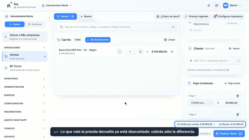 Paso 4: Cobrá la diferencia, en la pantalla de Key