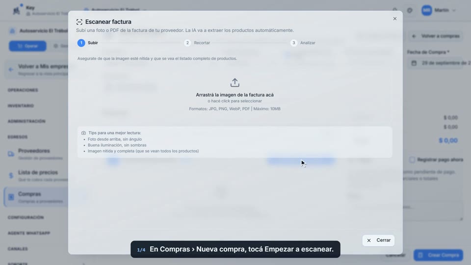 Paso 1: Escaneá la factura, en la pantalla de Key
