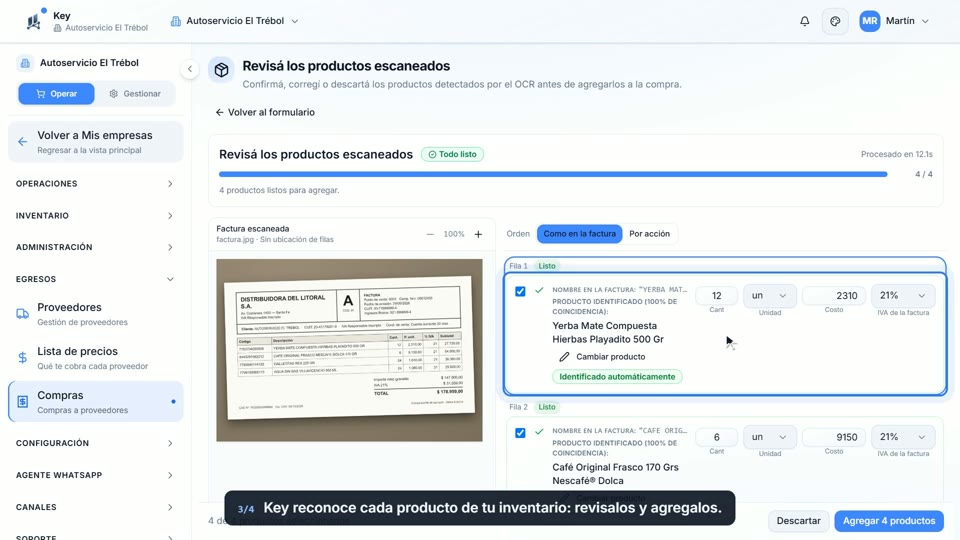 Paso 3: Revisá los productos, en la pantalla de Key