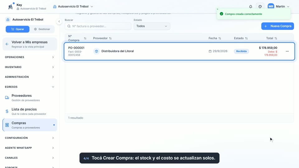 Paso 4: Creá la compra, en la pantalla de Key