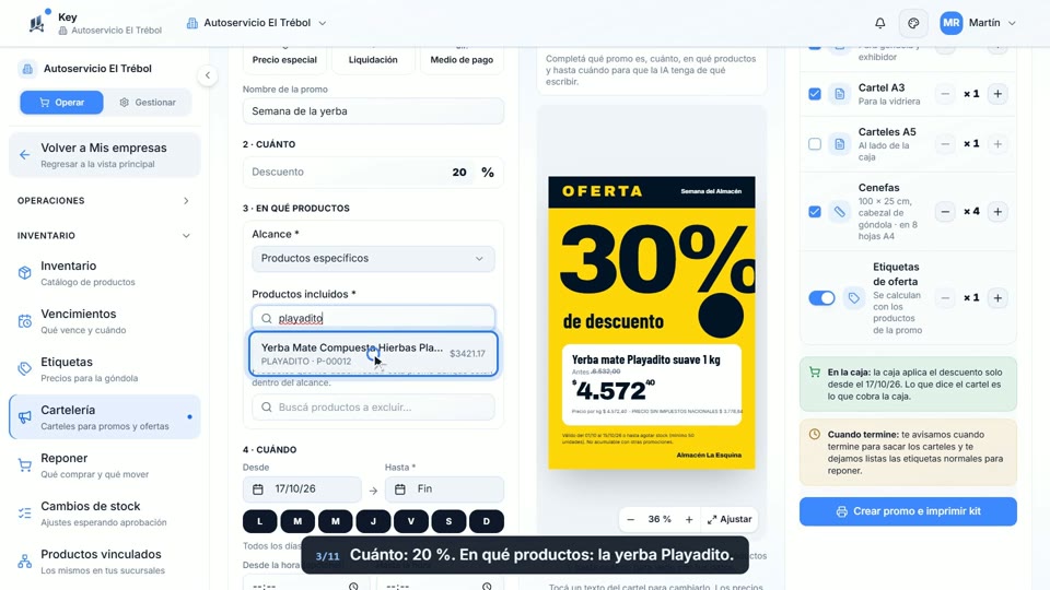 Paso 3: Cuánto y en qué productos, en la pantalla de Key
