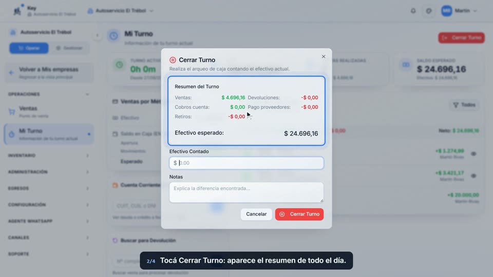 Paso 2: Tocá Cerrar Turno, en la pantalla de Key