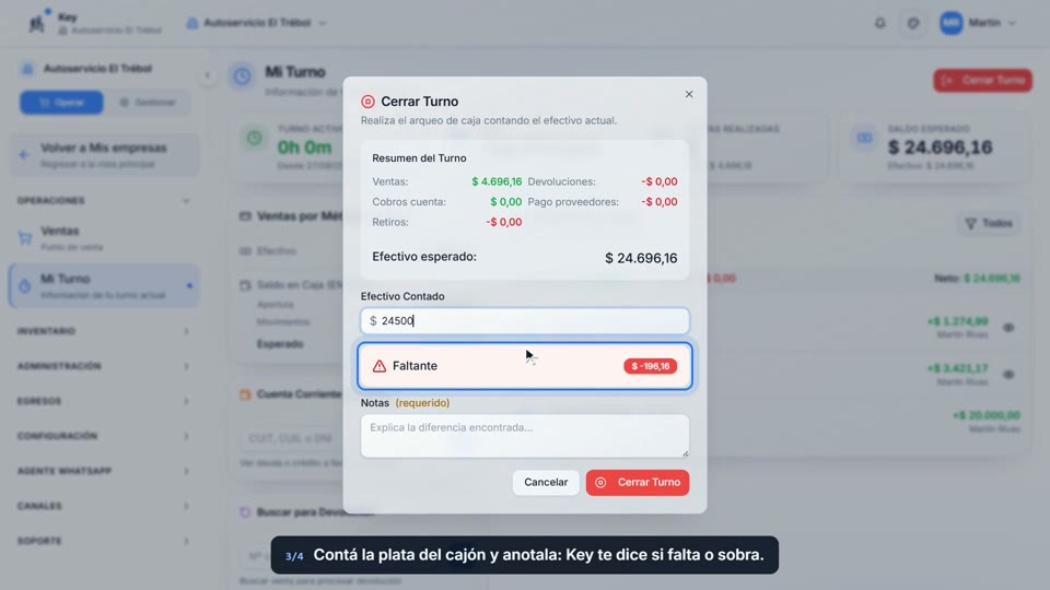 Paso 3: Contá el efectivo, en la pantalla de Key