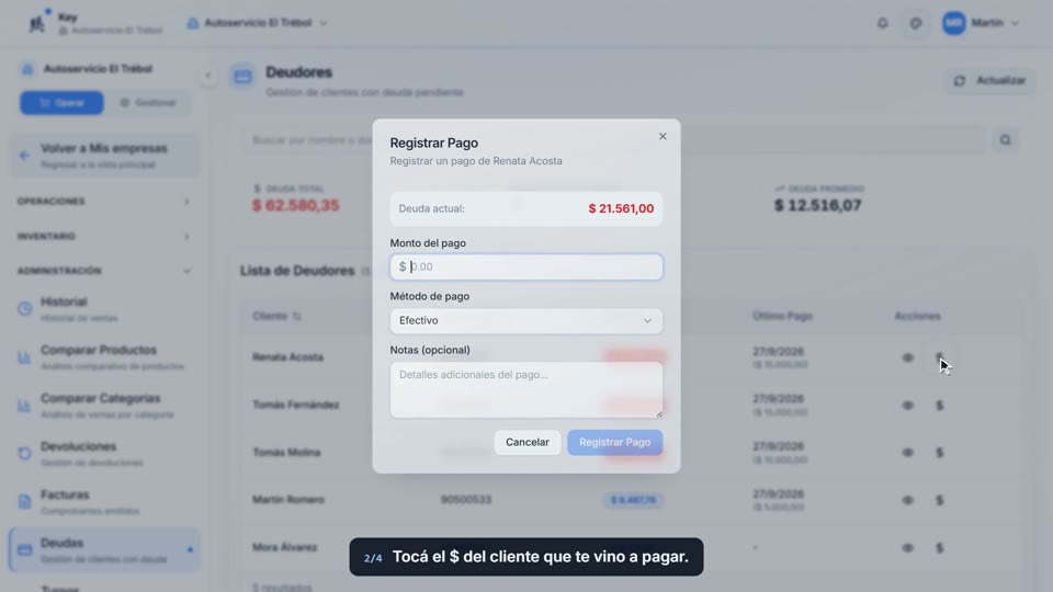 Paso 2: Elegí al cliente, en la pantalla de Key