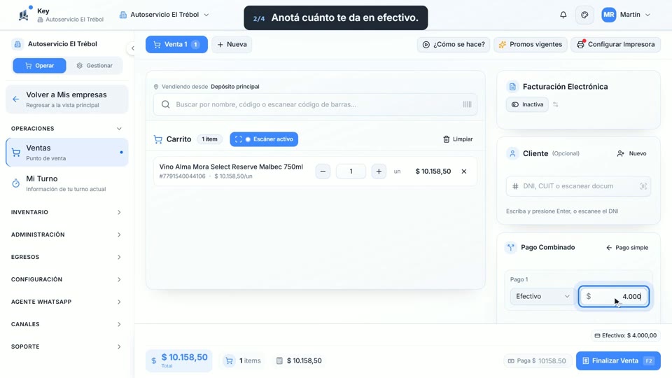 Paso 2: Tocá Combinar pagos, en la pantalla de Key