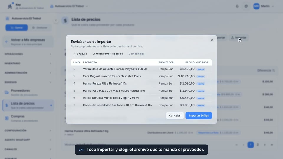 Paso 2: Importá la lista nueva, en la pantalla de Key