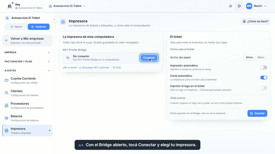 Paso 2: Conectá la impresora, en la pantalla de Key