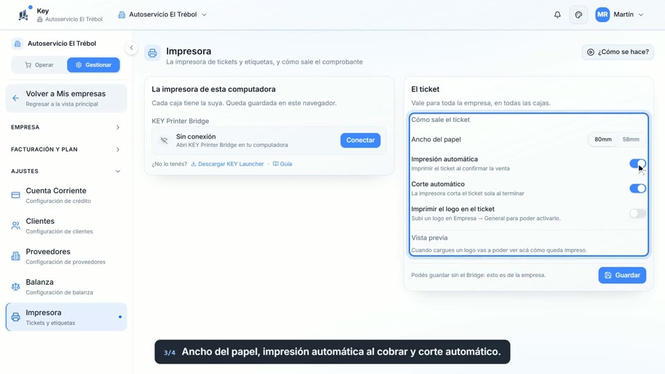 Paso 3: Elegí cómo sale el ticket, en la pantalla de Key