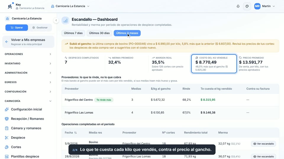 Paso 2: Mirá el costo del kilo vendible, en la pantalla de Key