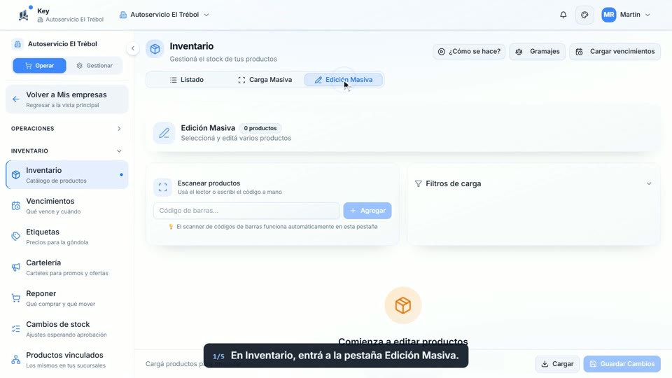 Paso 1: Abrí Edición Masiva, en la pantalla de Key
