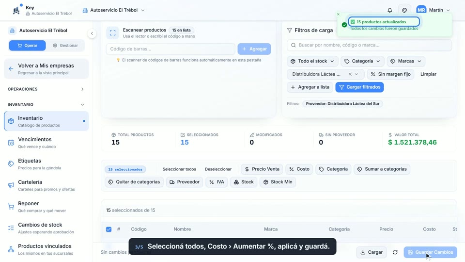 Paso 3: Subí el costo, en la pantalla de Key