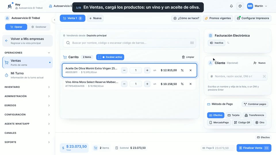 Paso 1: Cargá los productos, en la pantalla de Key