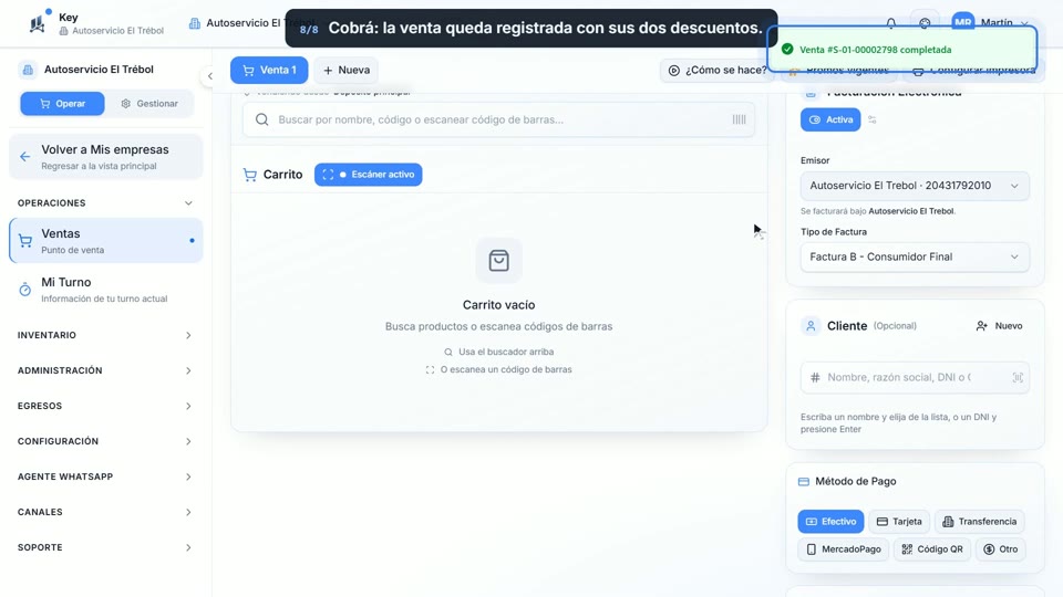 Paso 8: Cobrá, en la pantalla de Key
