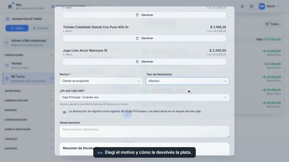 Paso 3: Motivo y reintegro, en la pantalla de Key