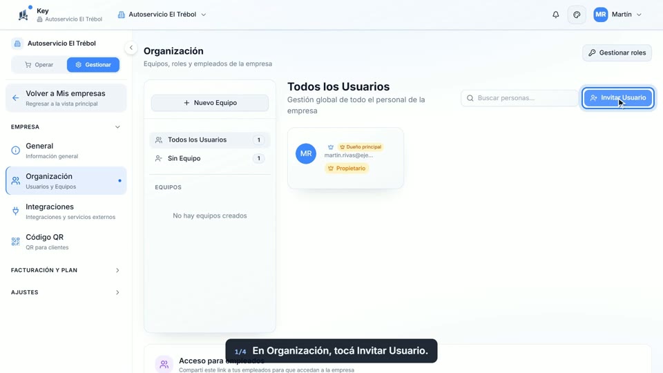 Paso 1: Tocá Invitar Usuario, en la pantalla de Key