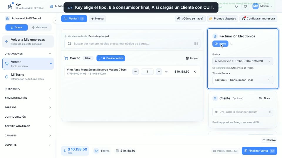 Paso 2: Dejá la factura activa, en la pantalla de Key