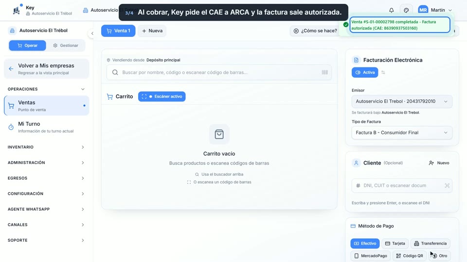 Paso 3: Finalizá la venta, en la pantalla de Key