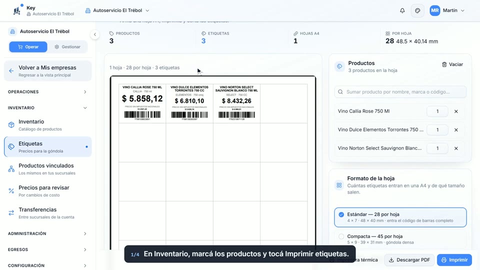 Paso 1: Elegí los productos, en la pantalla de Key