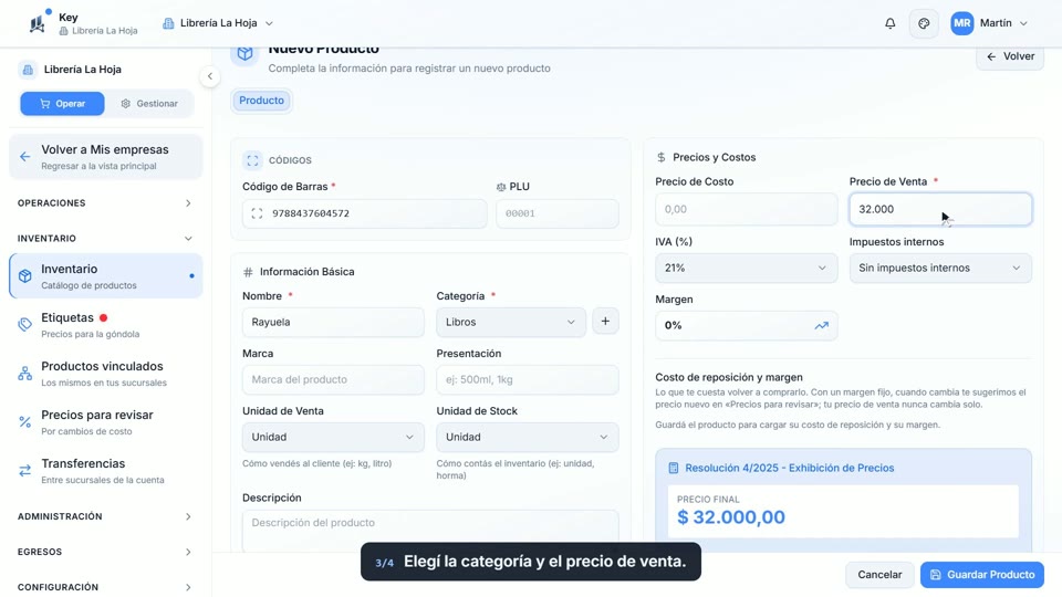 Paso 3: Poné categoría y precio, en la pantalla de Key