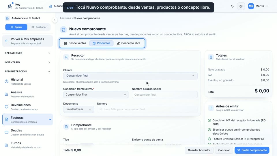 Paso 3: Nuevo comprobante, en la pantalla de Key