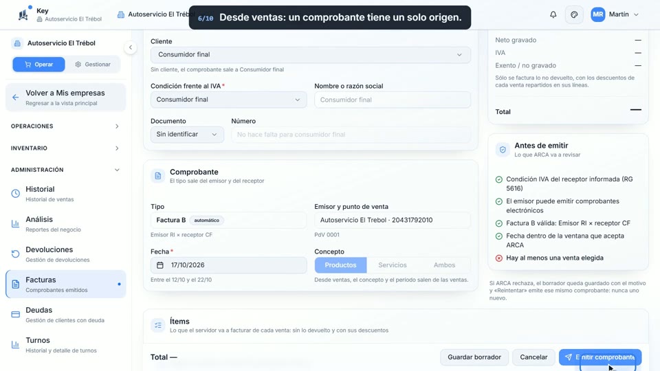 Paso 6: Desde ventas, en la pantalla de Key