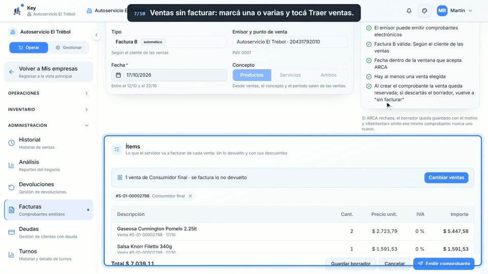 Paso 7: Elegí las ventas sin facturar, en la pantalla de Key
