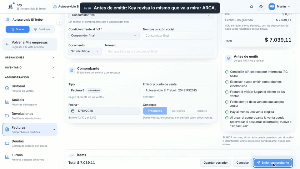 Paso 8: Antes de emitir, en la pantalla de Key