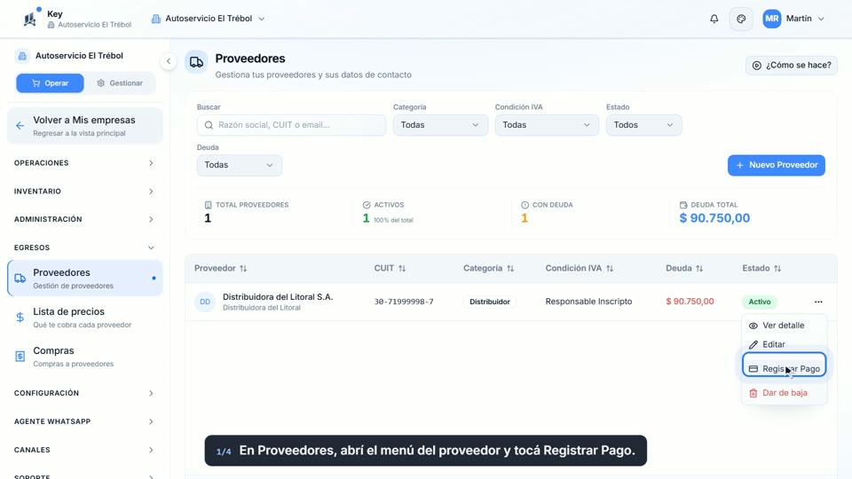 Paso 1: Tocá Registrar Pago, en la pantalla de Key