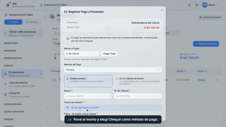 Paso 2: Elegí Cheque, en la pantalla de Key