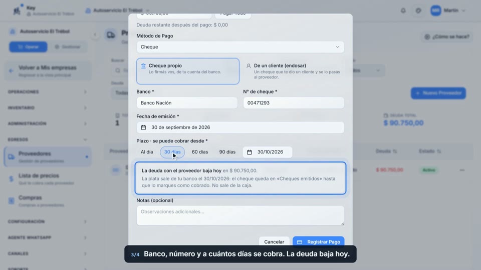 Paso 3: Cargá el cheque, en la pantalla de Key