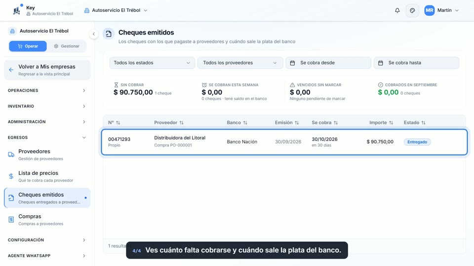 Paso 4: Seguilo en Cheques emitidos, en la pantalla de Key