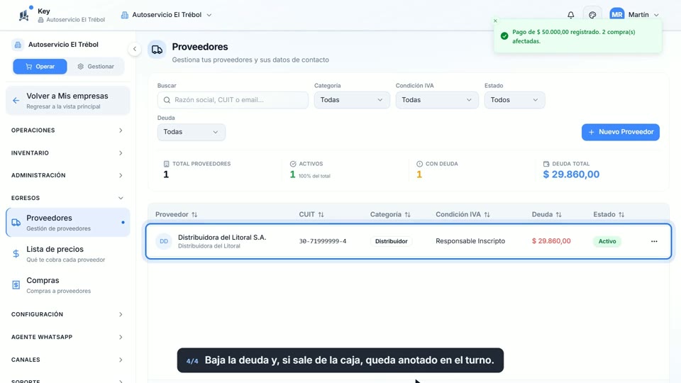 Paso 4: Registrá el pago, en la pantalla de Key