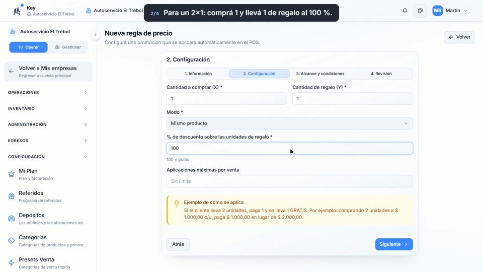 Paso 2: Poné las cantidades, en la pantalla de Key