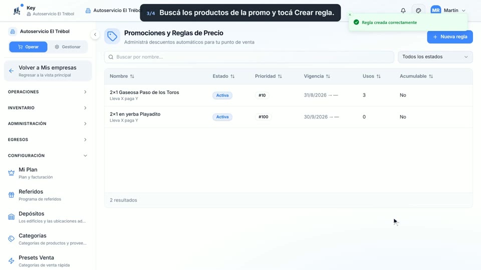 Paso 3: Elegí los productos, en la pantalla de Key