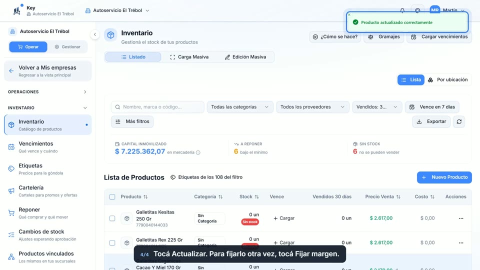 Paso 4: Actualizá, en la pantalla de Key