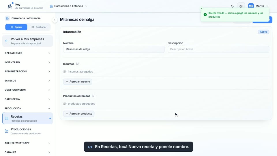 Paso 1: Creá la receta, en la pantalla de Key