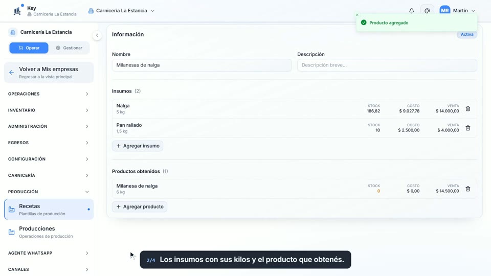 Paso 2: Cargá qué usás y qué sale, en la pantalla de Key