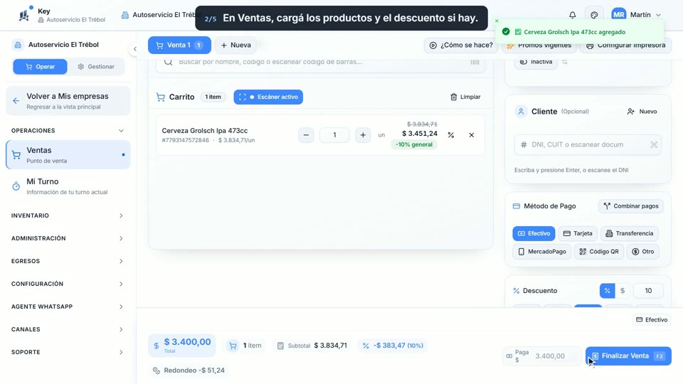 Paso 2: Cargá la venta, en la pantalla de Key