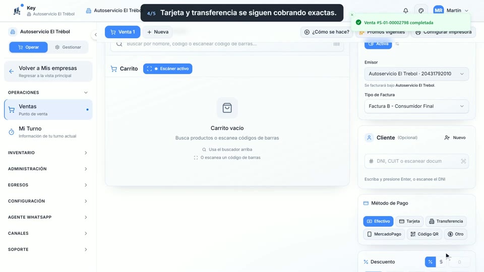 Paso 4: Finalizá la venta, en la pantalla de Key
