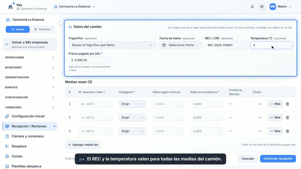 Paso 2: Datos del camión, una vez, en la pantalla de Key
