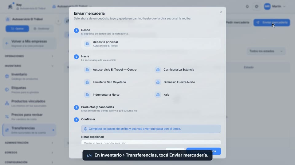 Paso 1: Tocá Enviar mercadería, en la pantalla de Key