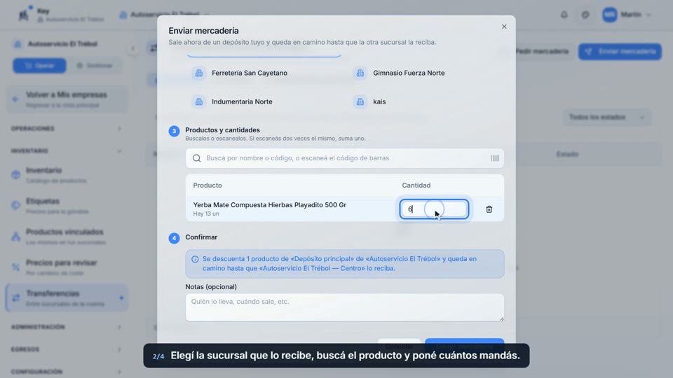 Paso 2: Elegí sucursal y productos, en la pantalla de Key