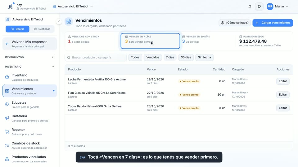 Paso 7: Lo que hay que vender primero, en la pantalla de Key
