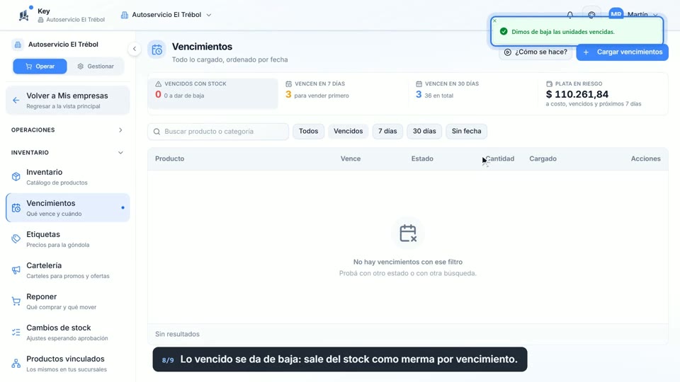 Paso 8: Dar de baja lo vencido, en la pantalla de Key